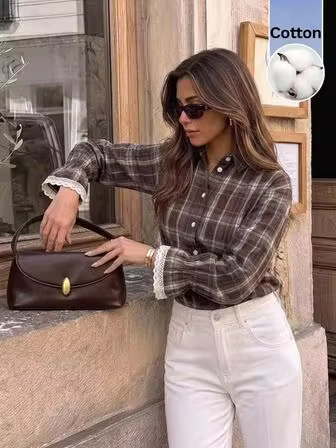 Serisse Women's Elegant French Classic Cotton Contrast Color Lace-Trim Peplum Button-Down Blouse Long Sleeves Vintage 2000s Shirt Brown Plaid Autumn Office