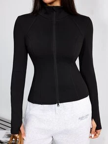 SHEIN Dewbera Stand Collar Waist-Cinching Zipper Sports Jacket - Black - View 3