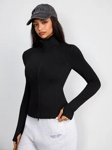 SHEIN Dewbera Stand Collar Waist-Cinching Zipper Sports Jacket - Black - View 5