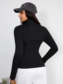 SHEIN Dewbera Stand Collar Waist-Cinching Zipper Sports Jacket - Black - View 2
