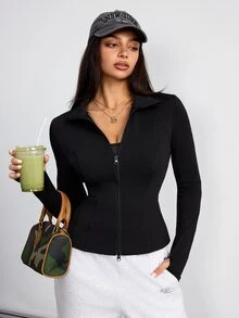 SHEIN Dewbera Stand Collar Waist-Cinching Zipper Sports Jacket - Black - View 6