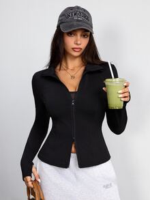 SHEIN Dewbera Stand Collar Waist-Cinching Zipper Sports Jacket - Black - View 4