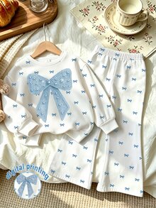 SHEIN Young Girls 2Pcs Fall Cute Pearl Bowknot Sweatshirt & Bow Print Flare Pants Cozy Loungewear Set, Casual Autumn Daily Wear - Multicolor - View 4