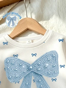SHEIN Young Girls 2Pcs Fall Cute Pearl Bowknot Sweatshirt & Bow Print Flare Pants Cozy Loungewear Set, Casual Autumn Daily Wear - Multicolor - View 5