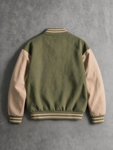 SHEIN Teen Boys' Vintage Print Baseball Jacket, Colorblock Patchwork NY Letter American Style Casual Stand Collar Top - Olive Green - View 2