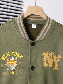 SHEIN Teen Boys' Vintage Print Baseball Jacket, Colorblock Patchwork NY Letter American Style Casual Stand Collar Top - Olive Green - View 3