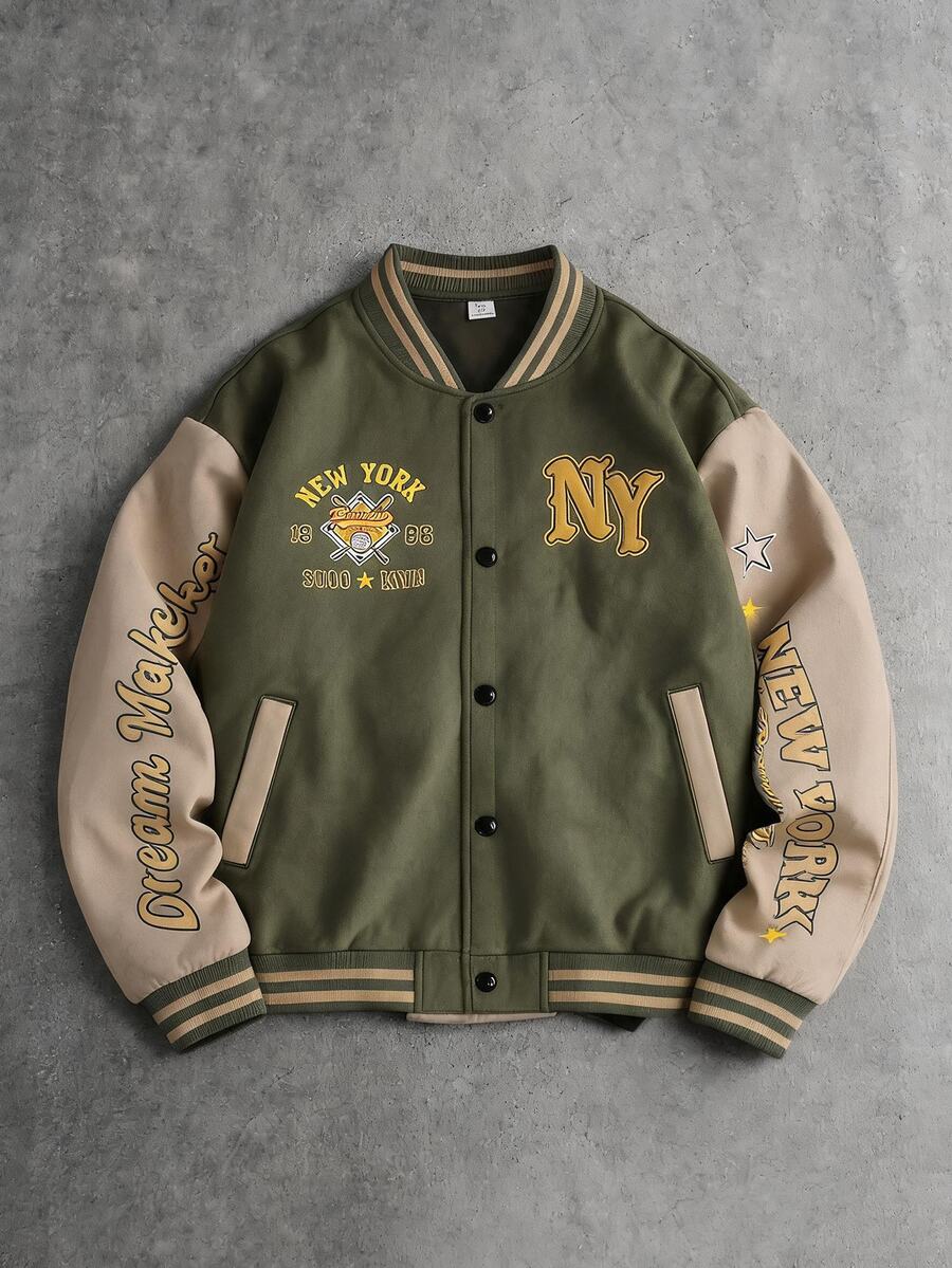 SHEIN Teen Boys' Vintage Print Baseball Jacket, Colorblock Patchwork NY Letter American Style Casual Stand Collar Top - Olive Green - View 1
