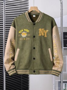 SHEIN Teen Boys' Vintage Print Baseball Jacket, Colorblock Patchwork NY Letter American Style Casual Stand Collar Top - Olive Green - View 7