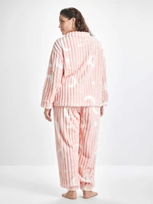 Slumbrini Plus Size Casual Moon & Star Print Plush Warm Fluffy Pajama Set, Fall Winter Clothes, Cozy - Pink - View 2