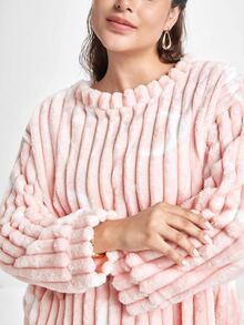 Slumbrini Plus Size Casual Moon & Star Print Plush Warm Fluffy Pajama Set, Fall Winter Clothes, Cozy - Pink - View 9