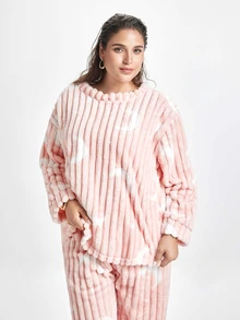 Slumbrini Plus Size Casual Moon & Star Print Plush Warm Fluffy Pajama Set, Fall Winter Clothes, Cozy - Pink - View 8