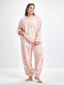 Slumbrini Plus Size Casual Moon & Star Print Plush Warm Fluffy Pajama Set, Fall Winter Clothes, Cozy - Pink - View 3
