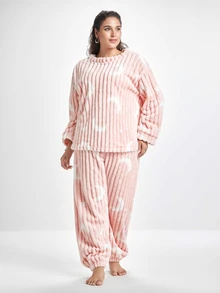 Slumbrini Plus Size Casual Moon & Star Print Plush Warm Fluffy Pajama Set, Fall Winter Clothes, Cozy - Pink - View 4