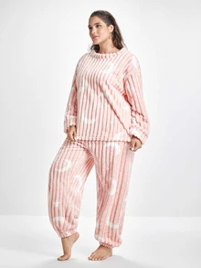 Slumbrini Plus Size Casual Moon & Star Print Plush Warm Fluffy Pajama Set, Fall Winter Clothes, Cozy - Pink - View 6