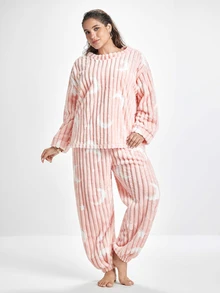 Slumbrini Plus Size Casual Moon & Star Print Plush Warm Fluffy Pajama Set, Fall Winter Clothes, Cozy - Pink - View 5