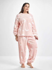 Slumbrini Plus Size Casual Moon & Star Print Plush Warm Fluffy Pajama Set, Fall Winter Clothes, Cozy - Pink - View 7
