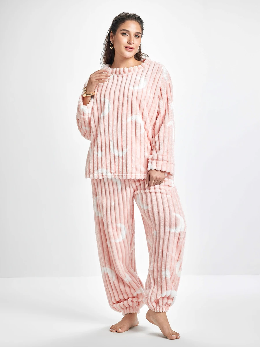 Slumbrini Plus Size Casual Moon & Star Print Plush Warm Fluffy Pajama Set, Fall Winter Clothes, Cozy - Pink - View 1