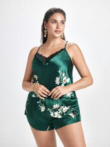 Slumbrini Plus Size Floral Print Contrast Lace Design Satin Pajama Set - Dark Green - View 3