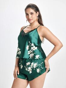 Slumbrini Plus Size Floral Print Contrast Lace Design Satin Pajama Set - Dark Green - View 4