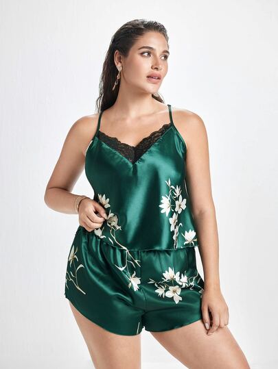 Slumbrini Set Piyama Satin Motif Bunga Ukuran Besar dengan Desain Renda Kontras