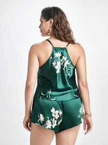 Slumbrini Plus Size Floral Print Contrast Lace Design Satin Pajama Set - Dark Green - View 2
