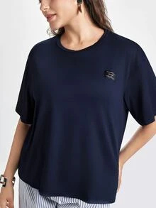 Slumbrini Plus Size Women 2pcs/Set Letter Patched T-Shirt Top And Striped Pants Pajama Sleepwear Set, Outfits - Navy Blue - View 8