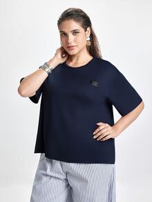 Slumbrini Plus Size Women 2pcs/Set Letter Patched T-Shirt Top And Striped Pants Pajama Sleepwear Set, Outfits - Navy Blue - View 7