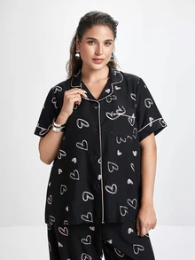 Slumbrini Plus Size Women Heart Print Contrast Piping Top & Pants Pajama Set, Black, For Christmas - Multicolor - View 8