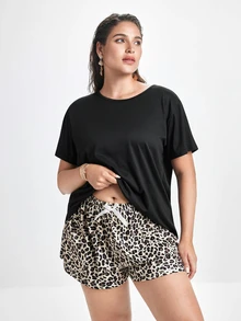 Slumbrini Plus Size Solid Color Short Sleeve Top And Leopard Print Shorts Pajama Set, Outfits - Multicolor - View 8