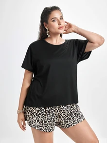 Slumbrini Plus Size Solid Color Short Sleeve Top And Leopard Print Shorts Pajama Set, Outfits - Multicolor - View 7
