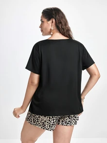 Slumbrini Plus Size Solid Color Short Sleeve Top And Leopard Print Shorts Pajama Set, Outfits - Multicolor - View 2