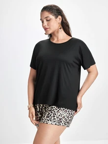 Slumbrini Plus Size Solid Color Short Sleeve Top And Leopard Print Shorts Pajama Set, Outfits - Multicolor - View 6