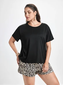 Slumbrini Plus Size Solid Color Short Sleeve Top And Leopard Print Shorts Pajama Set, Outfits - Multicolor - View 4