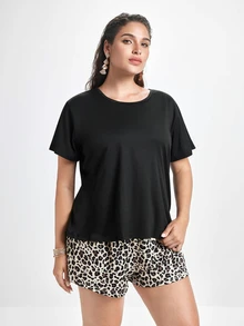 Slumbrini Plus Size Solid Color Short Sleeve Top And Leopard Print Shorts Pajama Set, Outfits - Multicolor - View 1