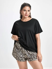 Slumbrini Plus Size Solid Color Short Sleeve Top And Leopard Print Shorts Pajama Set, Outfits - Multicolor - View 3