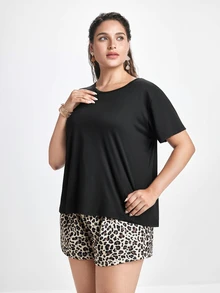 Slumbrini Plus Size Solid Color Short Sleeve Top And Leopard Print Shorts Pajama Set, Outfits - Multicolor - View 5