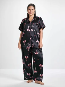 Slumbrini 大码女式心形与蝴蝶结印花开襟上衣和裤子睡衣套装 - 彩色 - 查看 3