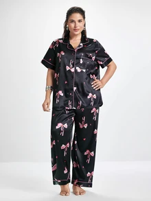 Slumbrini 大码女式心形与蝴蝶结印花开襟上衣和裤子睡衣套装 - 彩色 - 查看 4
