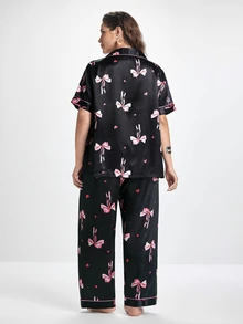 Slumbrini 大码女式心形与蝴蝶结印花开襟上衣和裤子睡衣套装 - 彩色 - 查看 2