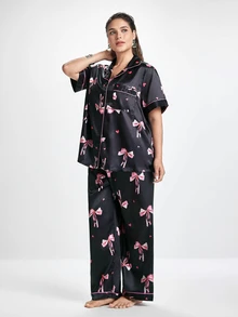 Slumbrini 大码女式心形与蝴蝶结印花开襟上衣和裤子睡衣套装 - 彩色 - 查看 8