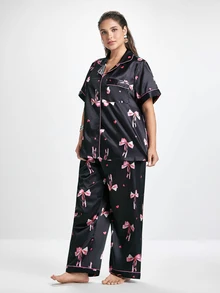 Slumbrini 大码女式心形与蝴蝶结印花开襟上衣和裤子睡衣套装 - 彩色 - 查看 7