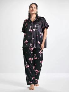 Slumbrini 大码女式心形与蝴蝶结印花开襟上衣和裤子睡衣套装 - 彩色 - 查看 6