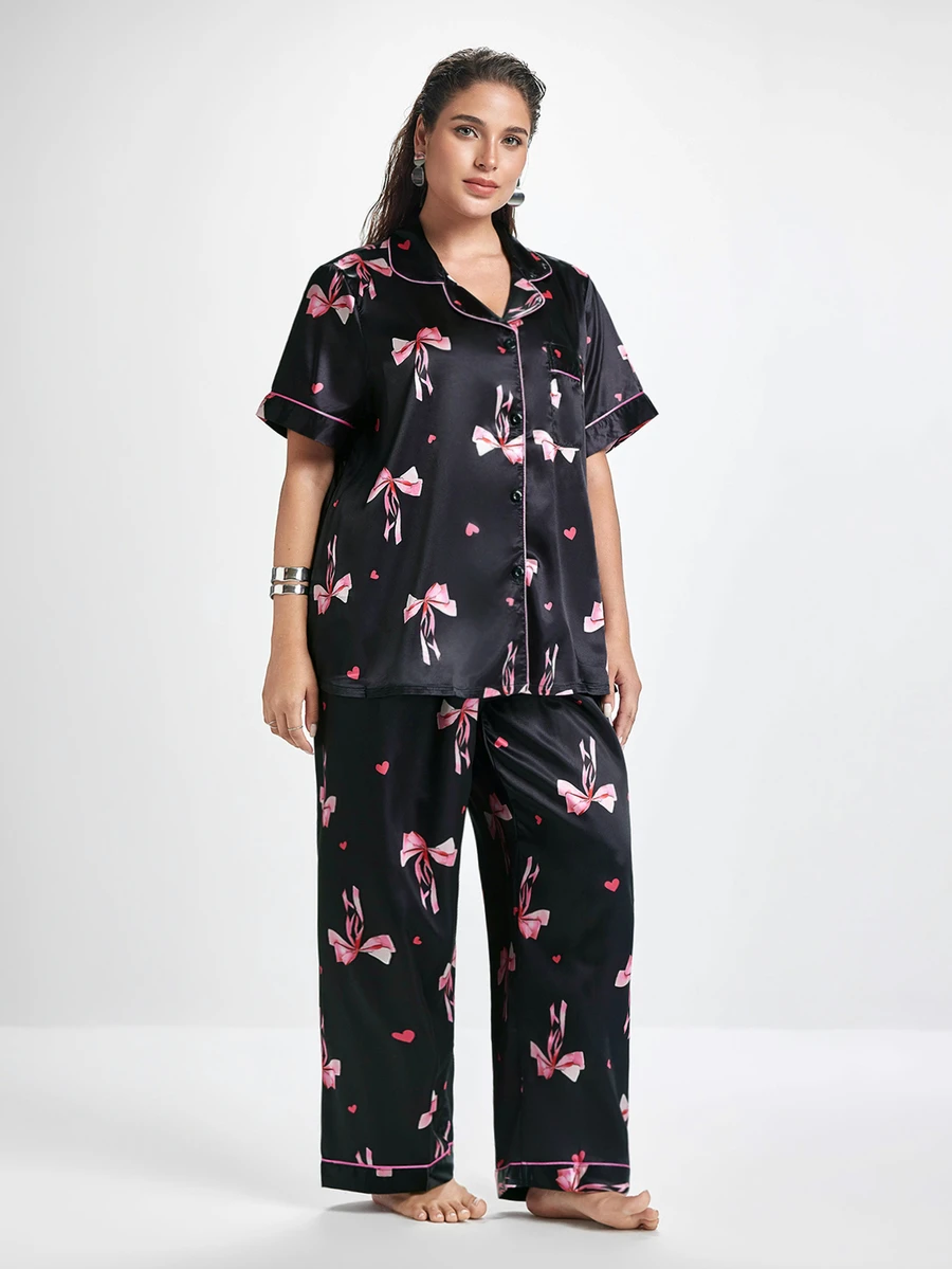 Slumbrini 大码女式心形与蝴蝶结印花开襟上衣和裤子睡衣套装 - 彩色 - 查看 1