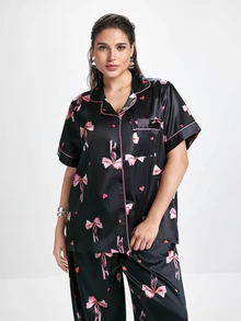 Slumbrini 大码女式心形与蝴蝶结印花开襟上衣和裤子睡衣套装 - 彩色 - 查看 9
