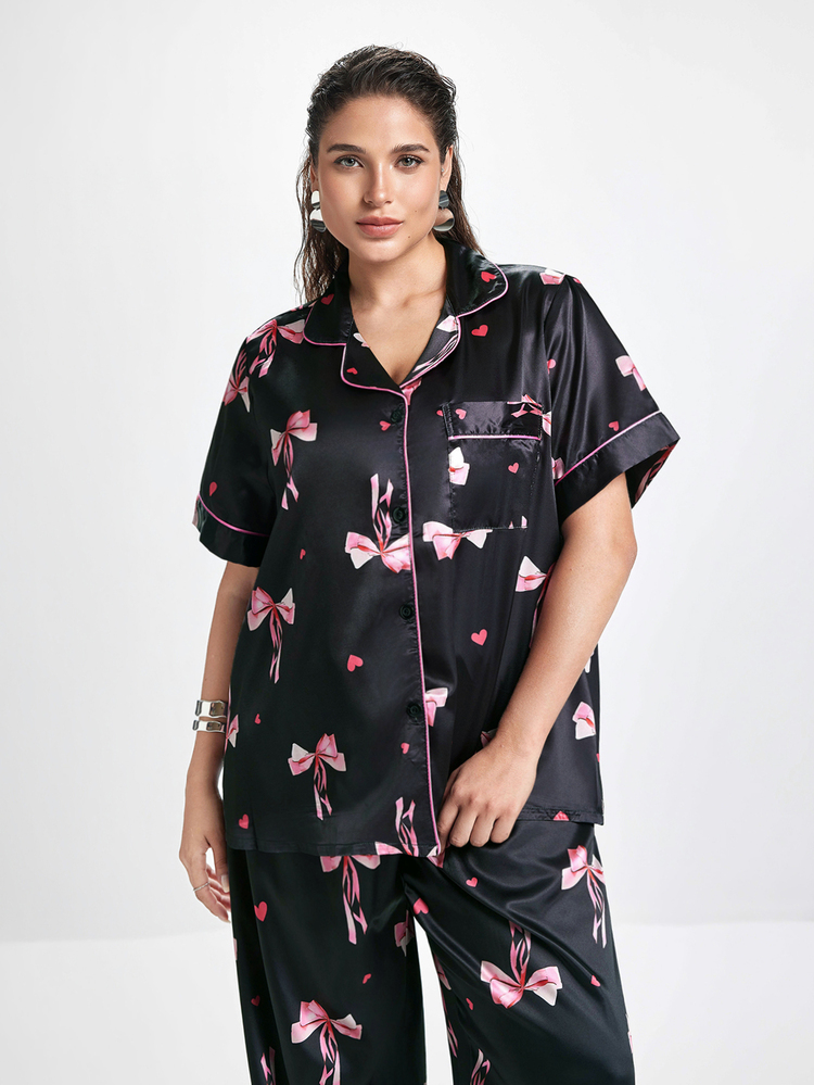 Slumbrini 大码女式心形与蝴蝶结印花开襟上衣和裤子睡衣套装 - 彩色 - 查看 9