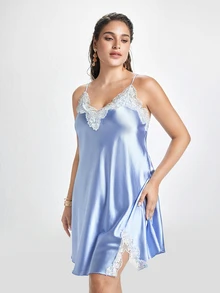 Slumbrini Plus Size Contrast Color Ruffle Hem Split Hem Sexy Faux Silk Camisole Short Dress Satin Dress Lace Silk Dress Satin Slip Dress Blue Lingerie Dress - Baby Blue - View 6