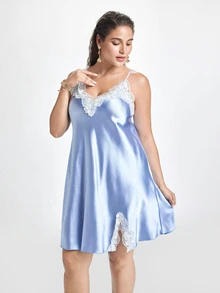Slumbrini Plus Size Contrast Color Ruffle Hem Split Hem Sexy Faux Silk Camisole Short Dress Satin Dress Lace Silk Dress Satin Slip Dress Blue Lingerie Dress - Baby Blue - View 4