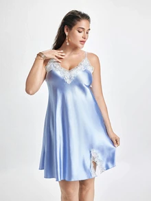 Slumbrini Plus Size Contrast Color Ruffle Hem Split Hem Sexy Faux Silk Camisole Short Dress Satin Dress Lace Silk Dress Satin Slip Dress Blue Lingerie Dress - Baby Blue - View 3
