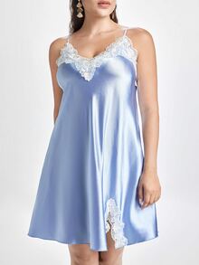 Slumbrini Plus Size Contrast Color Ruffle Hem Split Hem Sexy Faux Silk Camisole Short Dress Satin Dress Lace Silk Dress Satin Slip Dress Blue Lingerie Dress - Baby Blue - View 5