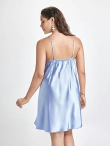 Slumbrini Plus Size Contrast Color Ruffle Hem Split Hem Sexy Faux Silk Camisole Short Dress Satin Dress Lace Silk Dress Satin Slip Dress Blue Lingerie Dress - Baby Blue - View 2